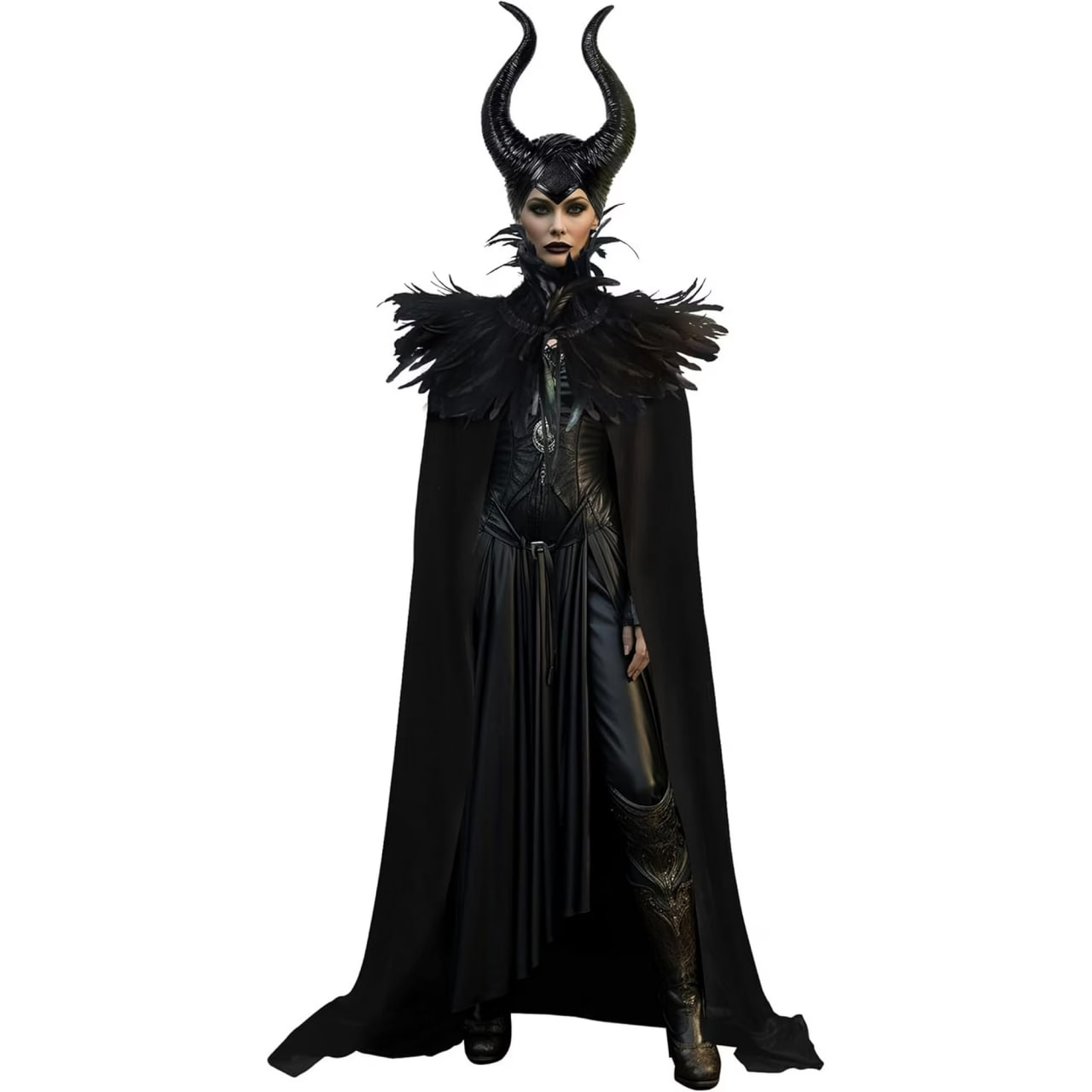Evil Queen Horns with Feather Cape Shawl Set Black Halloween Costume for Women